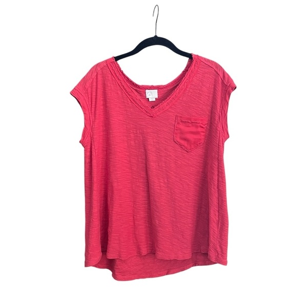 Anthropologie Postmark Slub Tee Women's Size S Red V-Neck Cap Sleeve Pocket Top - Picture 2 of 5